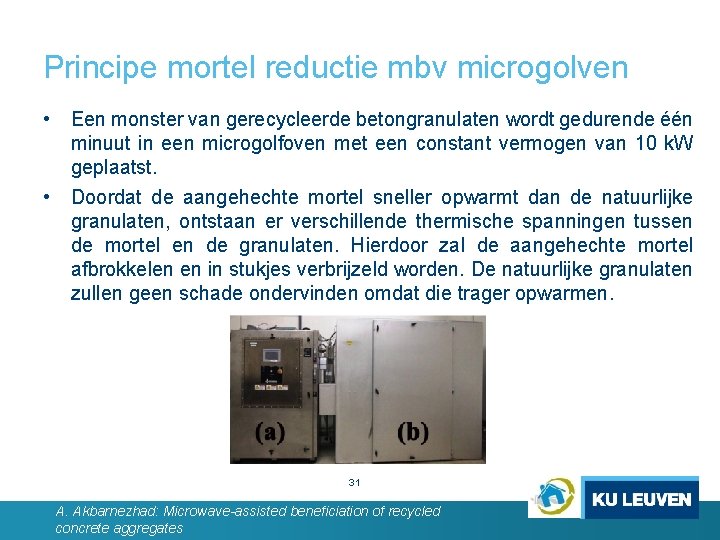 Principe mortel reductie mbv microgolven • Een monster van gerecycleerde betongranulaten wordt gedurende één