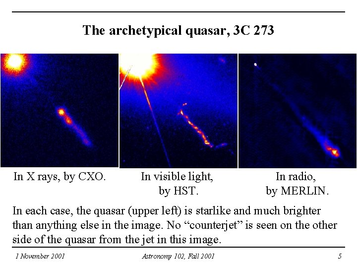 The archetypical quasar, 3 C 273 In X rays, by CXO. In visible light,