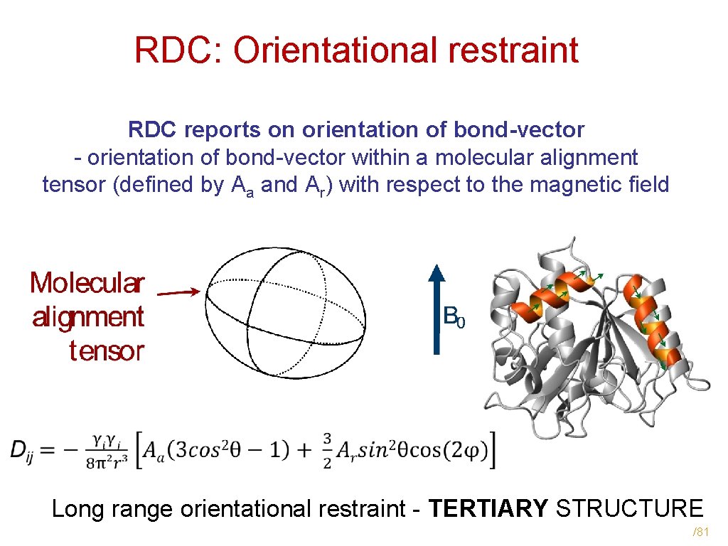 RDC: Orientational restraint RDC reports on orientation of bond-vector - orientation of bond-vector within
