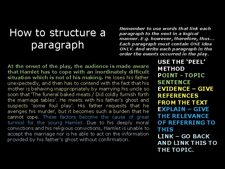 How to structure a paragraph Remember to use words that link each paragraph to