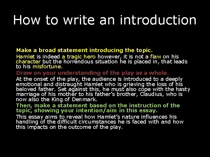 How to write an introduction Make a broad statement introducing the topic. Hamlet is