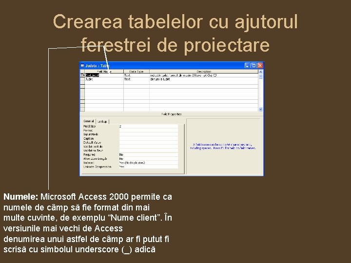 Crearea tabelelor cu ajutorul ferestrei de proiectare Numele: Microsoft Access 2000 permite ca numele