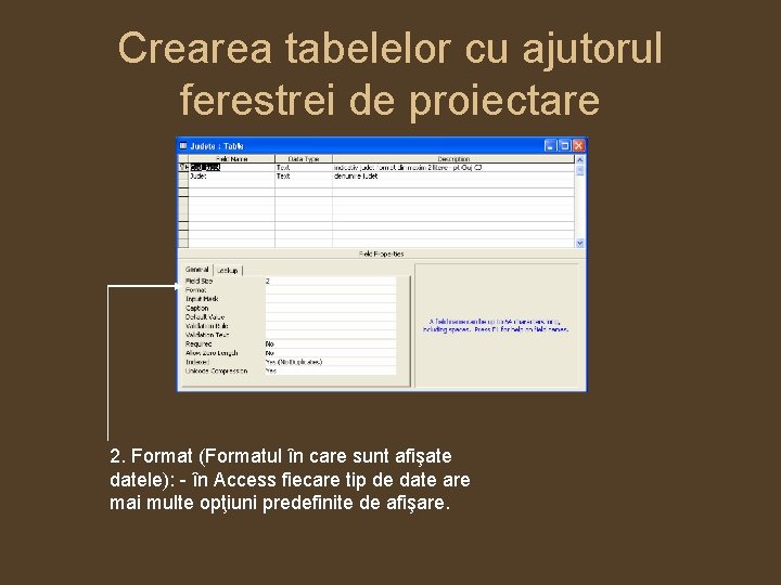 Crearea tabelelor cu ajutorul ferestrei de proiectare 2. Format (Formatul în care sunt afişate
