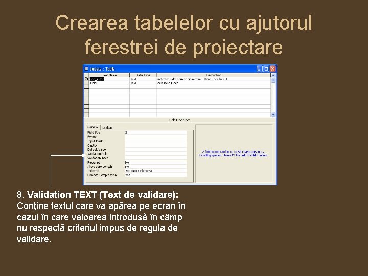 Crearea tabelelor cu ajutorul ferestrei de proiectare 8. Validation TEXT (Text de validare): Conţine