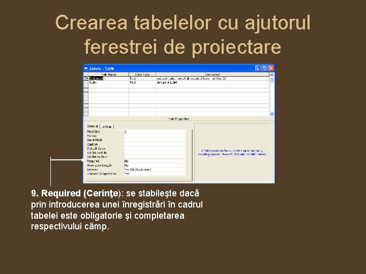 Crearea tabelelor cu ajutorul ferestrei de proiectare 9. Required (Cerinţe): se stabileşte dacã prin