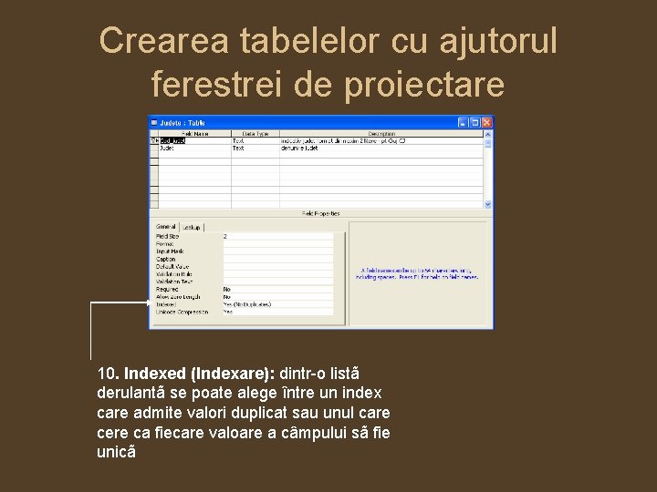 Crearea tabelelor cu ajutorul ferestrei de proiectare 10. Indexed (Indexare): dintr-o listã derulantã se