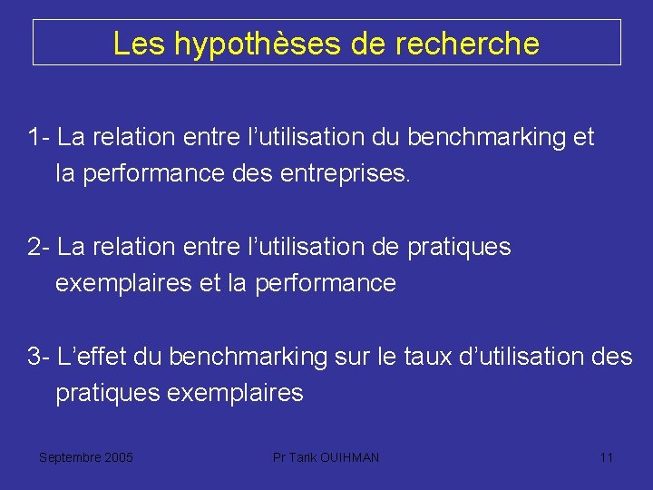 Les hypothèses de recherche 1 - La relation entre l’utilisation du benchmarking et la