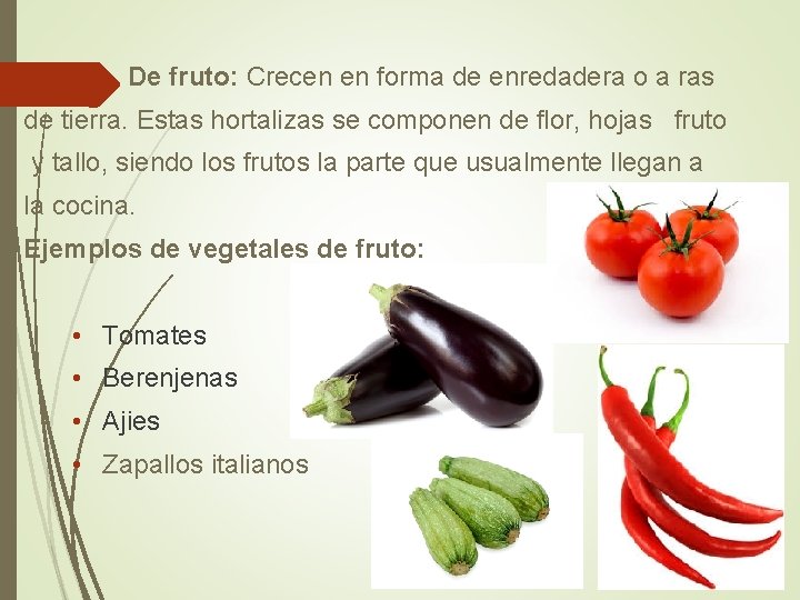 • De fruto: Crecen en forma de enredadera o a ras de tierra. • De fruto: Crecen en forma de enredadera o a ras de tierra.