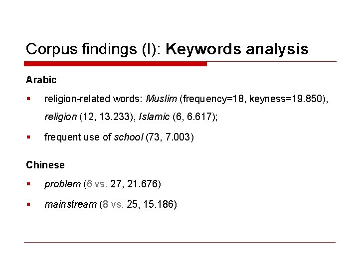 Corpus findings (I): Keywords analysis Arabic § religion-related words: Muslim (frequency=18, keyness=19. 850), religion