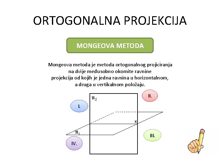 ORTOGONALNA PROJEKCIJA MONGEOVA METODA Mongeova metoda je metoda ortogonalnog projiciranja na dvije međusobno okomite