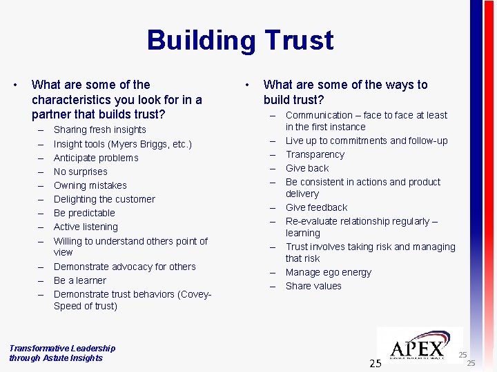 Building Trust • What are some of the characteristics you look for in a