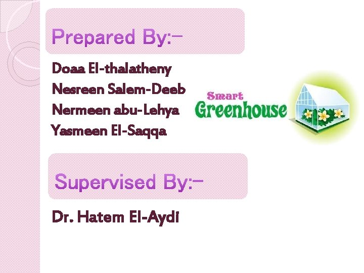 Doaa El-thalatheny Nesreen Salem-Deeb Nermeen abu-Lehya Yasmeen El-Saqqa Dr. Hatem El-Aydi 