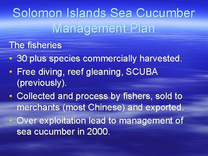 Solomon Islands Sea Cucumber Management Plan The fisheries • 30 plus species commercially harvested.