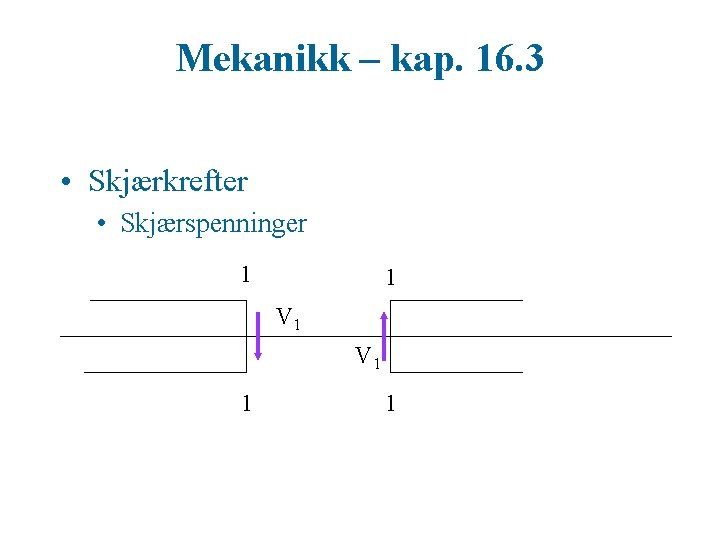 Mekanikk – kap. 16. 3 • Skjærkrefter • Skjærspenninger 1 1 V 1 1