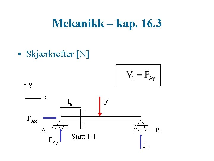 Mekanikk – kap. 16. 3 • Skjærkrefter N y x la F 1 FAx