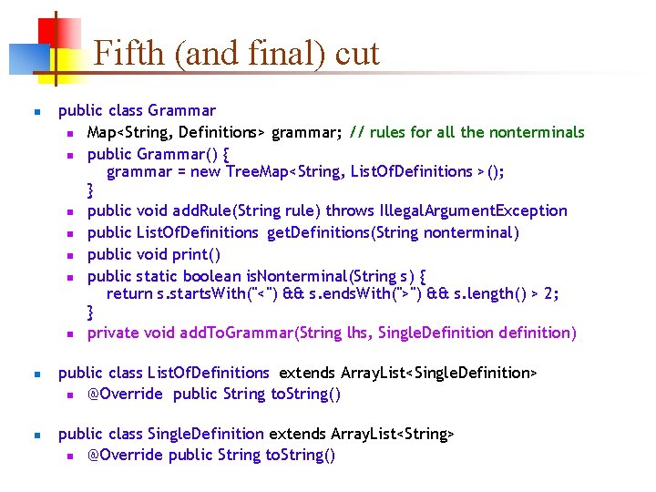Fifth (and final) cut n n n public class Grammar n Map<String, Definitions> grammar;