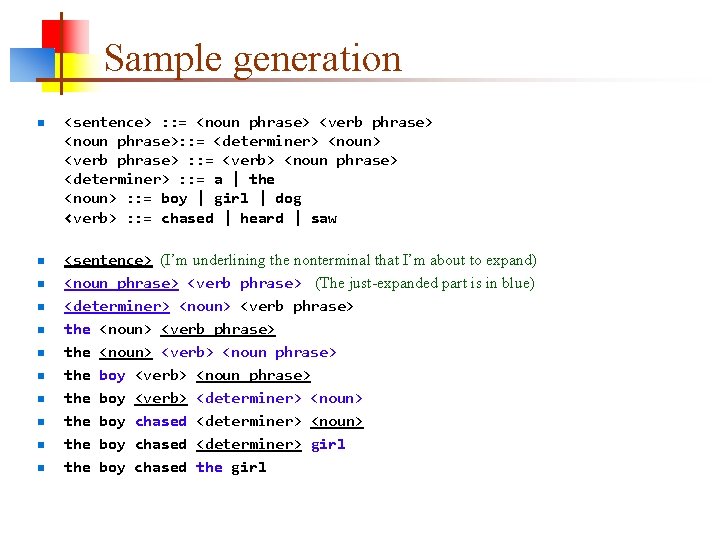 Sample generation n n <sentence> : : = <noun phrase> <verb phrase> <noun phrase>: