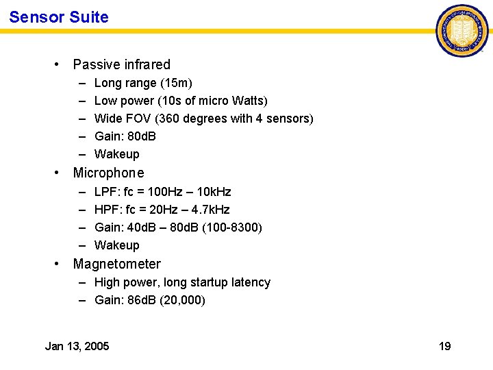 Sensor Suite • Passive infrared – – – Long range (15 m) Low power