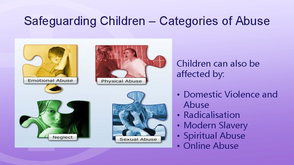 Safeguarding Children – Categories of Abuse Children can also be affected by: • Domestic