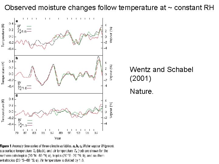 Observed moisture changes follow temperature at ~ constant RH Wentz and Schabel (2001) Nature.