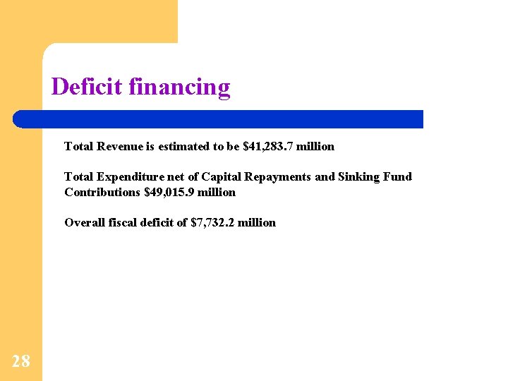 Deficit financing Total Revenue is estimated to be $41, 283. 7 million Total Expenditure