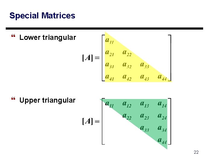 Special Matrices } Lower triangular } Upper triangular 22 