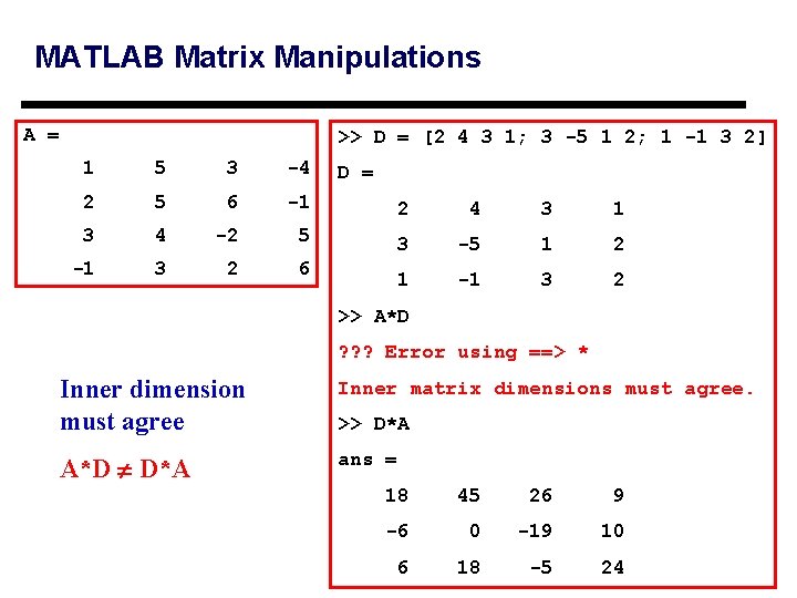 MATLAB Matrix Manipulations A = >> D = [2 4 3 1; 3 -5