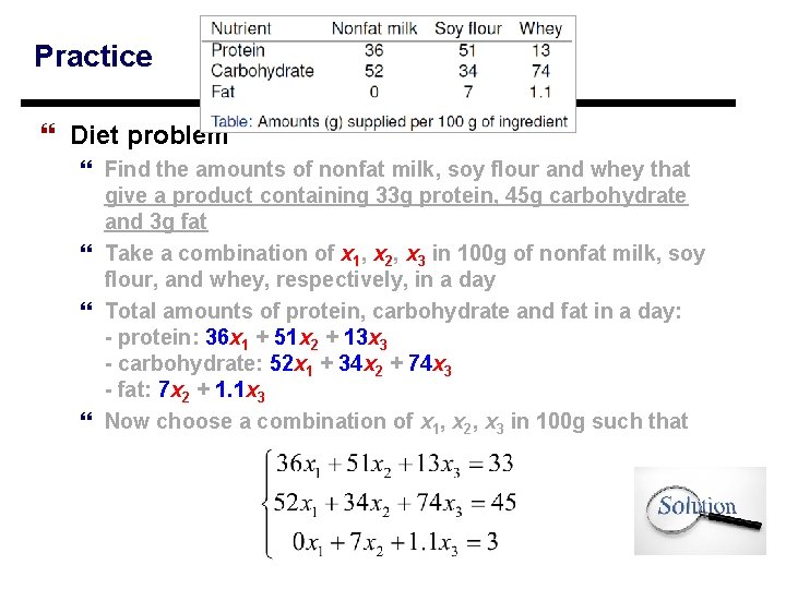 Practice } Diet problem } Find the amounts of nonfat milk, soy flour and