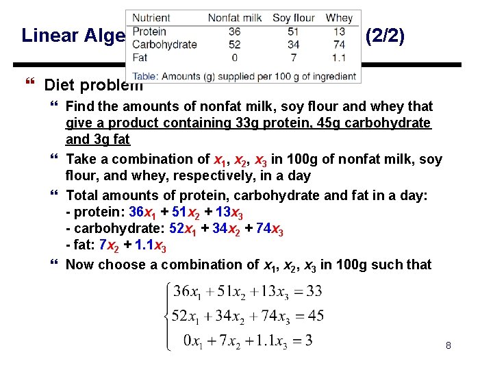 Linear Algebraic Equations: Example (2/2) } Diet problem } Find the amounts of nonfat