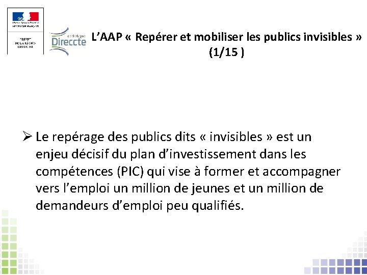 L’AAP « Repérer et mobiliser les publics invisibles » (1/15 ) Ø Le repérage