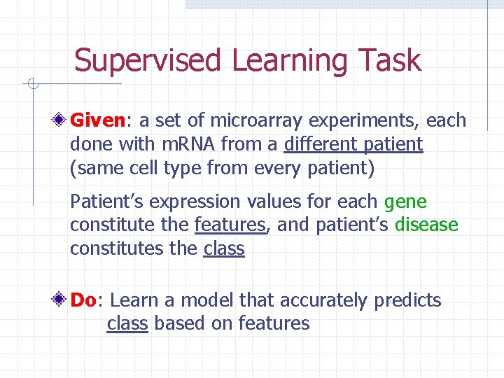 Supervised Learning Task Given: a set of microarray experiments, each done with m. RNA