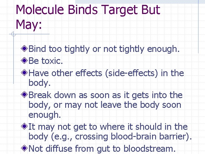 Molecule Binds Target But May: Bind too tightly or not tightly enough. Be toxic.