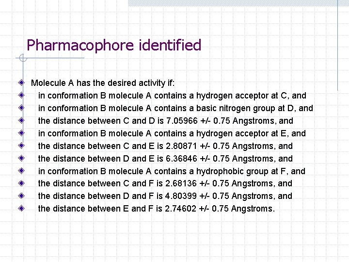 Pharmacophore identified Molecule A has the desired activity if: in conformation B molecule A