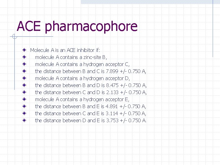 ACE pharmacophore Molecule A is an ACE inhibitor if: molecule A contains a zinc-site