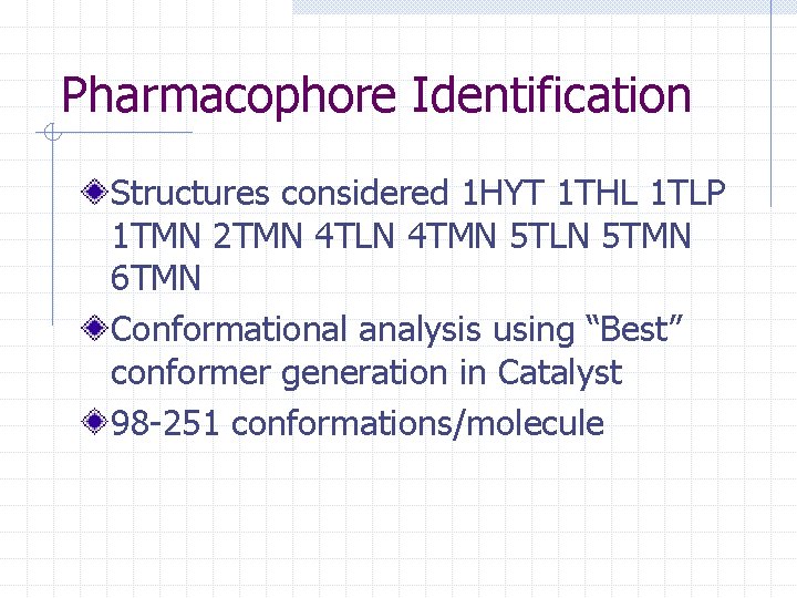 Pharmacophore Identification Structures considered 1 HYT 1 THL 1 TLP 1 TMN 2 TMN