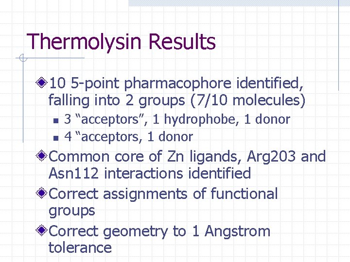 Thermolysin Results 10 5 -point pharmacophore identified, falling into 2 groups (7/10 molecules) n