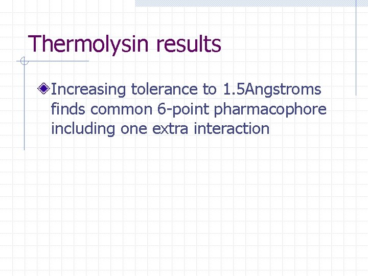 Thermolysin results Increasing tolerance to 1. 5 Angstroms finds common 6 -point pharmacophore including