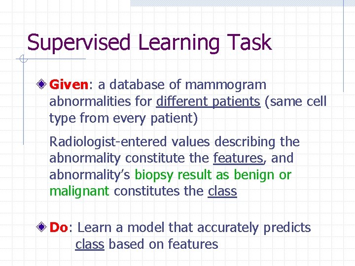 Supervised Learning Task Given: a database of mammogram abnormalities for different patients (same cell