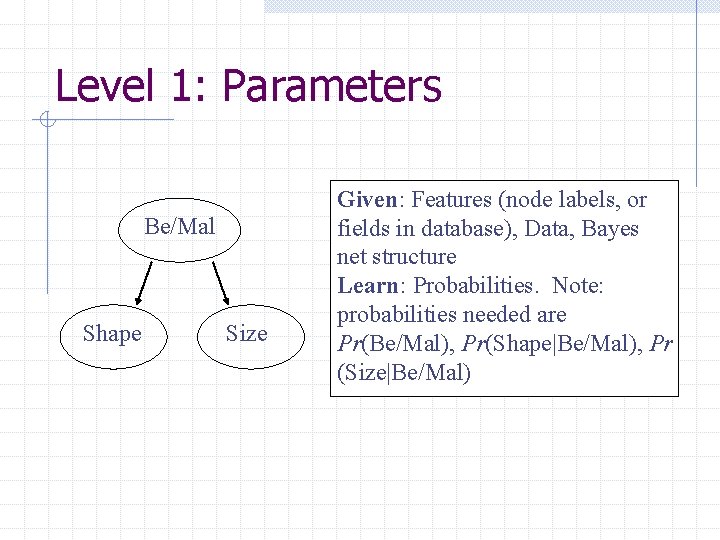 Level 1: Parameters Be/Mal Shape Size Given: Features (node labels, or fields in database),