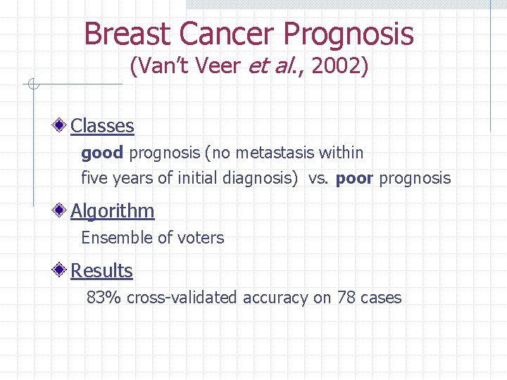 Breast Cancer Prognosis (Van’t Veer et al. , 2002) Classes good prognosis (no metastasis