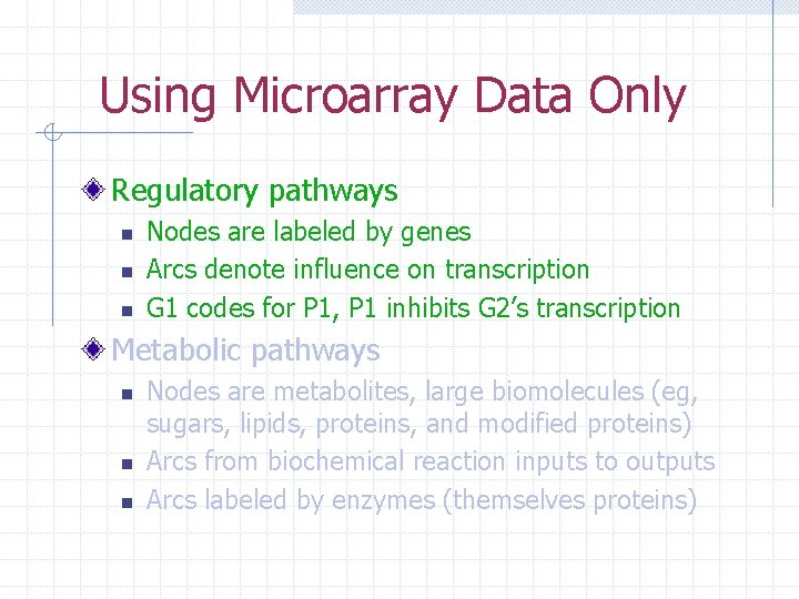 Using Microarray Data Only Regulatory pathways n n n Nodes are labeled by genes