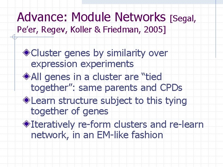 Advance: Module Networks [Segal, Pe’er, Regev, Koller & Friedman, 2005] Cluster genes by similarity