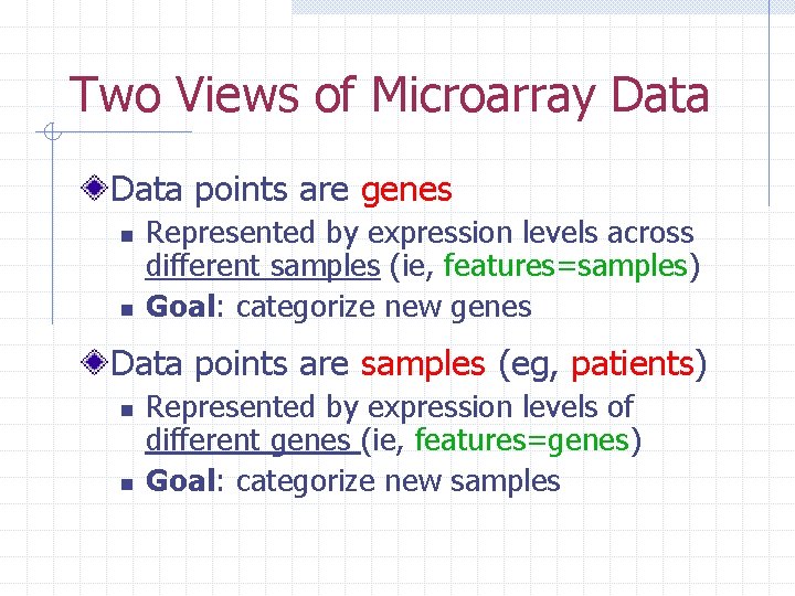 Two Views of Microarray Data points are genes n n Represented by expression levels