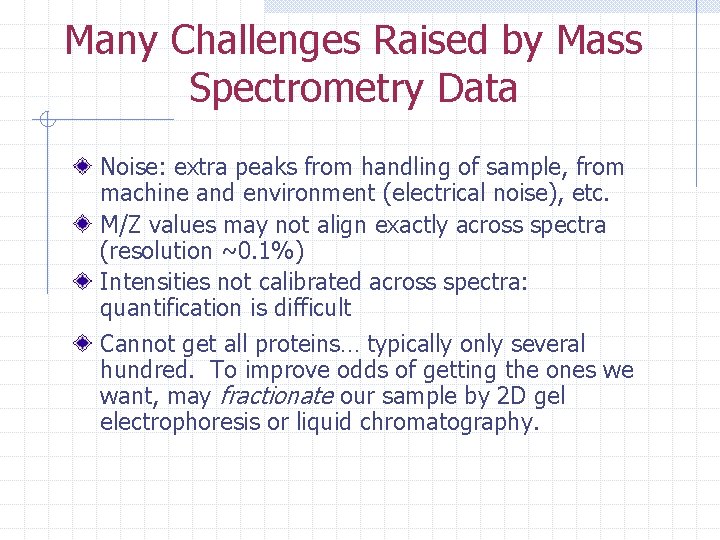 Many Challenges Raised by Mass Spectrometry Data Noise: extra peaks from handling of sample,