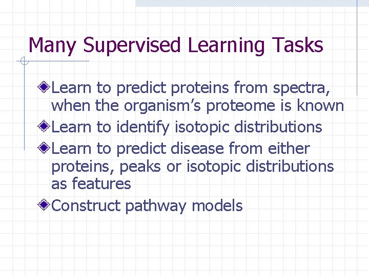 Many Supervised Learning Tasks Learn to predict proteins from spectra, when the organism’s proteome