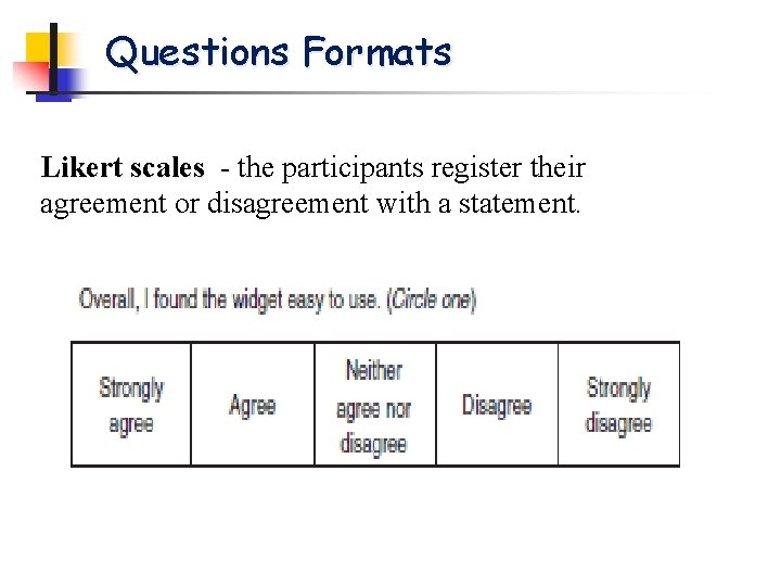 Questions Formats Likert scales - the participants register their agreement or disagreement with a