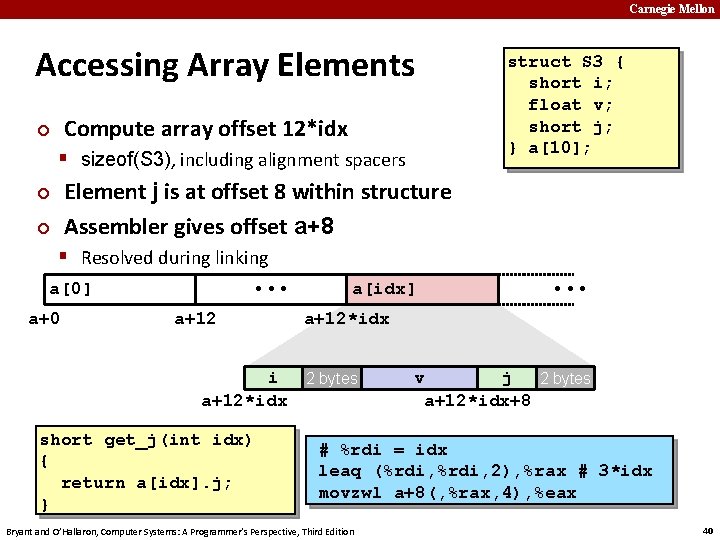 Carnegie Mellon Accessing Array Elements Compute array offset 12*idx ¢ § sizeof(S 3), including