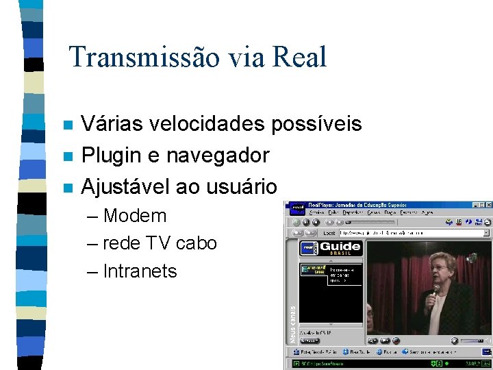 Transmissão via Real n n n Várias velocidades possíveis Plugin e navegador Ajustável ao