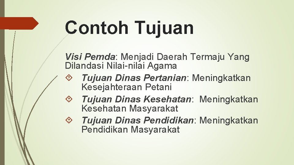 Contoh Tujuan Visi Pemda: Menjadi Daerah Termaju Yang Dilandasi Nilai-nilai Agama Tujuan Dinas Pertanian: