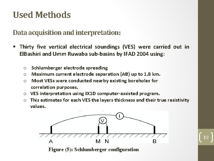 Used Methods Data acquisition and interpretation: § Thirty five vertical electrical soundings (VES) were